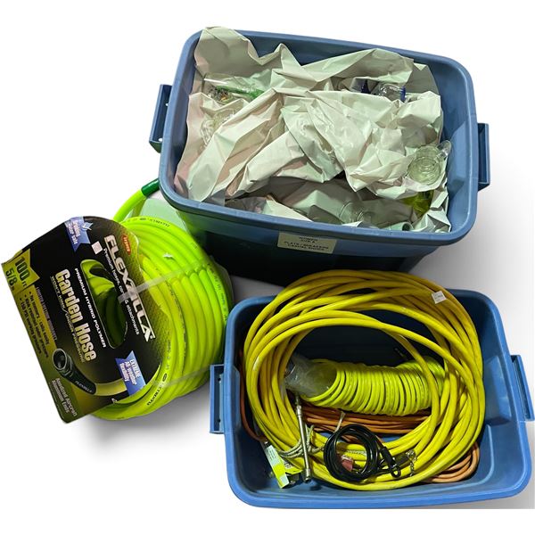 Assorted Coiled Yellow Garden Hoses & Bin full of Assorted small Collectibles items