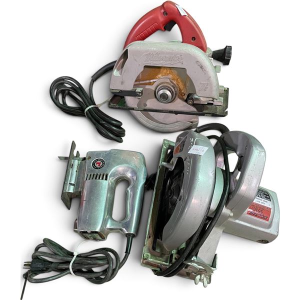 Group of 3 Assorted Corded Power Tools - includes Milwaukee red-handled Circular Saw, Skilsaw 553CT7
