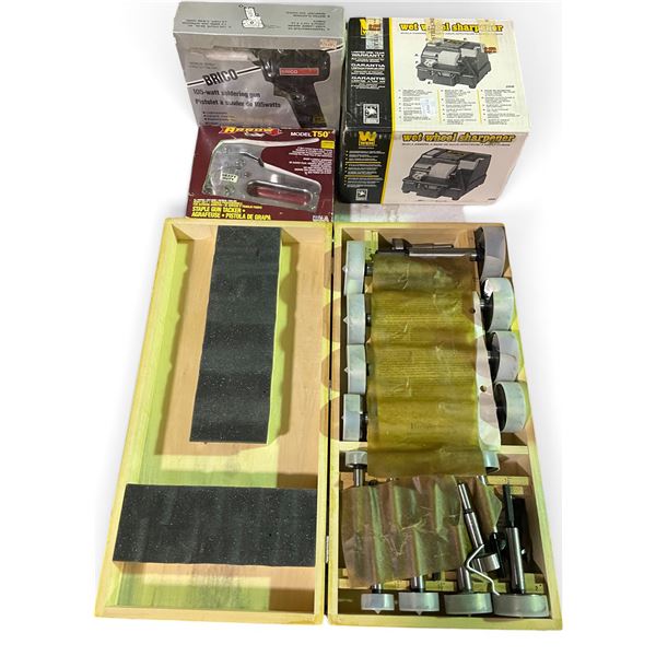 Group of assorted Workshop & Hardware Tools - includes Brico Electric Tacker, Attachments, Wet Wheel
