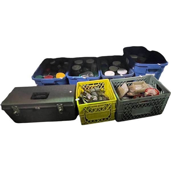 Group of Bins & Toolbox full of Assorted Hardware - includes screws, tapes & More