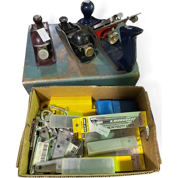 Vintage Woodworking Hand Planes & Box full of Knife Blades - includes hardware parts