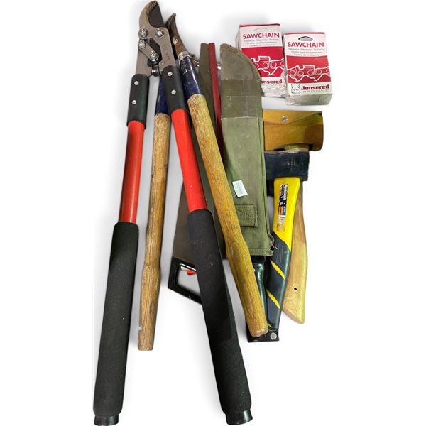 Group of Assorted Garden & Yard Maintenance Tools - includes Loppers, small axes, Chainsaw Chains & 