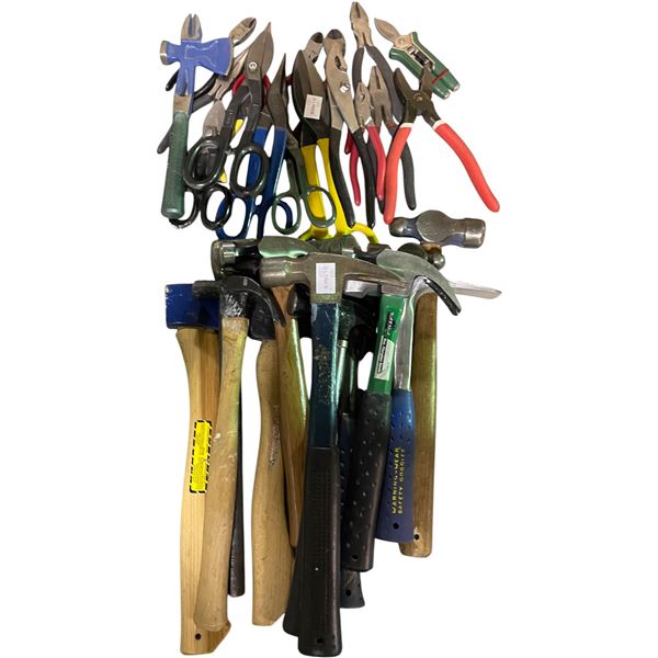 Group of Assorted Hand tools - includes Scissors, small hammer, cutting Snips & More