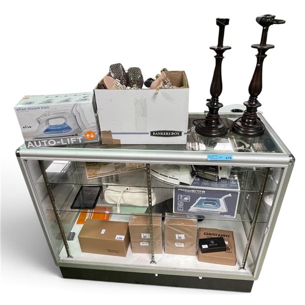 Glass Cabinet Contents Lot - includes assorted vintage irons, New 3D Printer Filaments, New Frame Pi