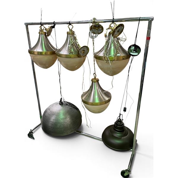 Group of Hanging Pendant Lights - Brushed Steel/Brass & Hammered Metal