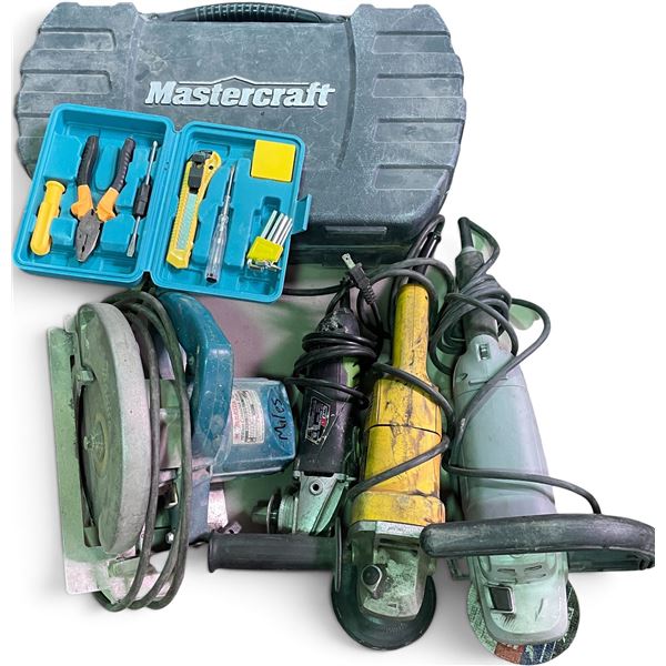 Assorted Power Tools Featuring Makita Circular Saw, Angle Grinders & Mastercraft Hard Tool Case