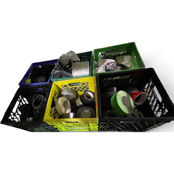 Plastic Milk Crates of Assorted Shop Supplies Featuring Heavy-Duty Duct/Foil Tape, Plumbing Couplers