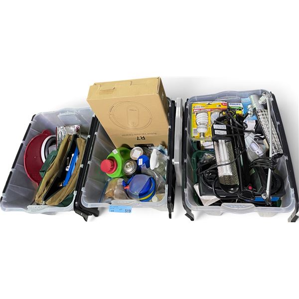 Clear Storage Totes of Assorted Household Goods Featuring Airzeen R7 Robot Vacuum (In Box), Desk Lam