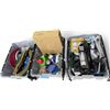 Image 1 : Clear Storage Totes of Assorted Household Goods Featuring Airzeen R7 Robot Vacuum (In Box), Desk Lam