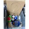 Image 3 : Clear Storage Totes of Assorted Household Goods Featuring Airzeen R7 Robot Vacuum (In Box), Desk Lam
