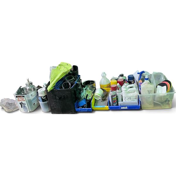 Assorted Shop Painting & Finishing Supplies Featuring Pneumatic Air Spray Gun, Spray Paint, Lithium 
