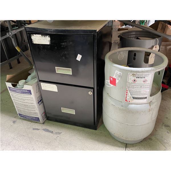 2-Drawer Black Metal Under-Desk Filing Cabinet, Propane Tank & Jug of Industrial Fluid
