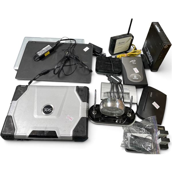 Assorted Computer & Office Electronics Featuring SYX Rugged Laptop, Acer Laptop w/ Charger, Netgear 
