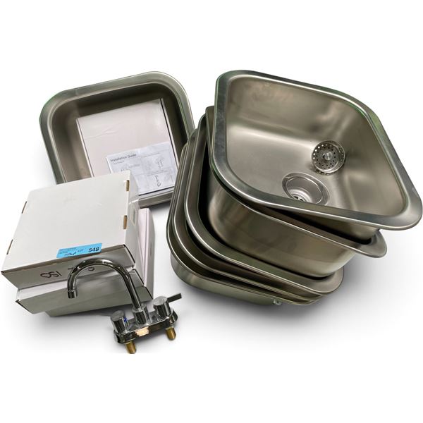 Commercial/Bar Stainless Steel Sinks with Chrome Gooseneck Faucets & Strainers