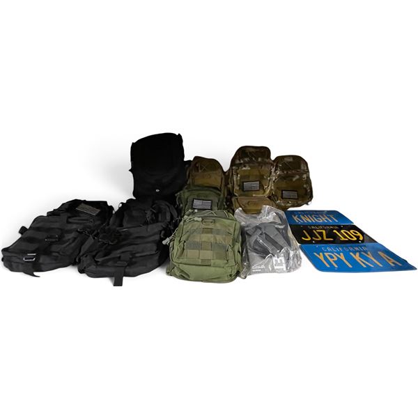 Movie Set Dec Group of Military Backpacks & Prop License Plates