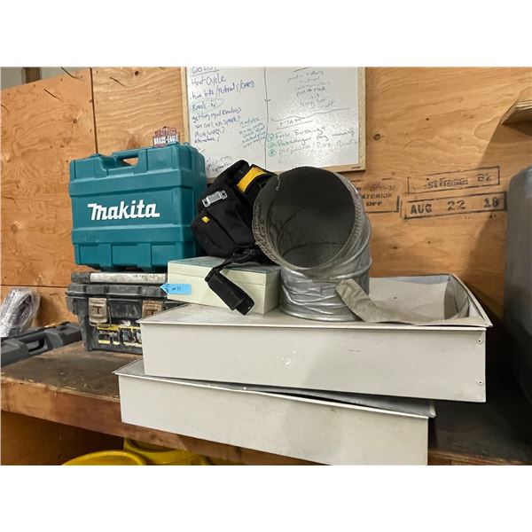 L2 - Group Lot of Hand Tools, Tool Boxes, Tool Belts, and Shop Gear - EMPTY Grey and Green Tool Boxe