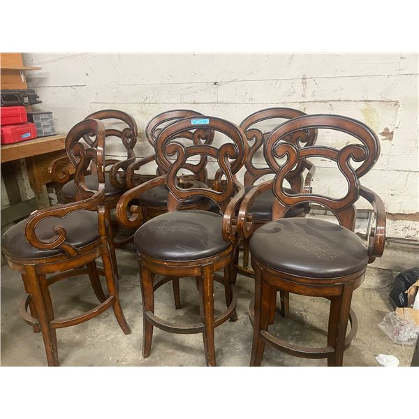 L2 - Set of 6 Wooden Swivel Bar Stools with Scroll Backs and Dark Leather Seats