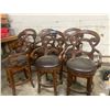 Image 1 : L2 - Set of 6 Wooden Swivel Bar Stools with Scroll Backs and Dark Leather Seats