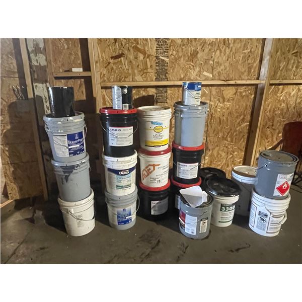 L2 - Group Lot of Assorted Professional Paint, Drywall Compound, and Industrial Fluid Buckets - Coun