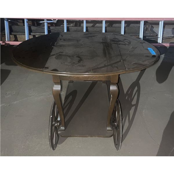 L2 - Vintage Wooden Tea Cart / Bar Cart with Drop-Leaf Top & Large Wheels