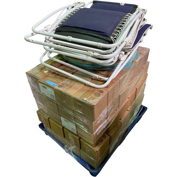 Pallet of Norton Bear-Tex White Thick Line 5-3/4" Polishing Discs & Folding Outdoor Chairs