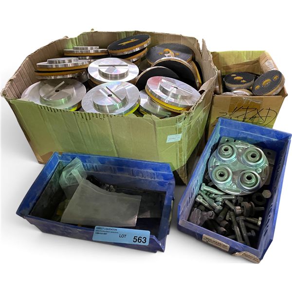 Concrete Floor Grinder Tooling Lot: Aluminum Backer Plates, Multi-Bearing Drive Hub, Hardware & Blue