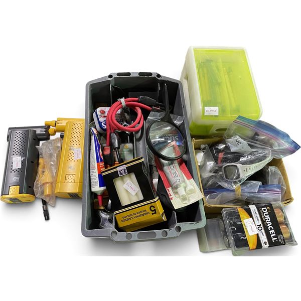 Workshop Supplies Lot: Portable Air Inflators, Duracell Batteries, Hardware, Tool Caddy & Storage To