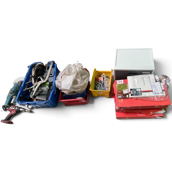 Contractor & Workshop Surplus Lot: Power Tools, Hand Clamps & Hardware, Desk Organizer & Paper Suppl