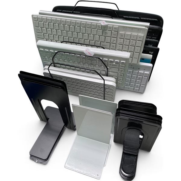 Computer Keyboards, Desktop Wire Rack & Assorted Metal Bookends Lot
