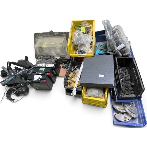 Shop & Maintenance Surplus Lot: 12V Batteries, Floodlight, Vacuum Attachments, Grinder Tooling Plate