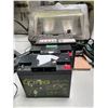 Image 2 : Shop & Maintenance Surplus Lot: 12V Batteries, Floodlight, Vacuum Attachments, Grinder Tooling Plate