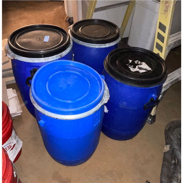 L2 - Lot of 4 - Industrial Blue Plastic Storage Drums / Open-Head Barrels with Lids