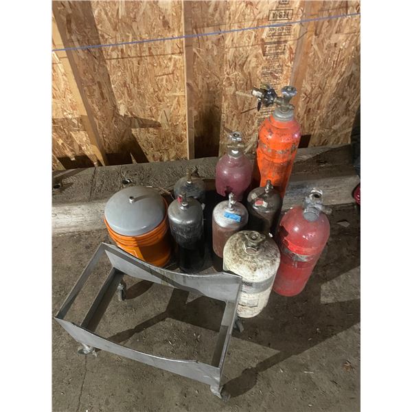 L2 - Group Lot of 9 Gas Cylinder with Rolling Stainless Steel Stand