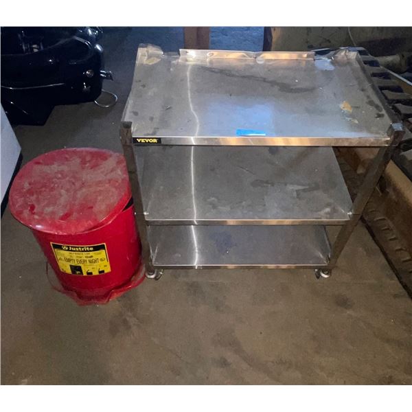 L2 - Lot of VEVOR 3-Tier Rolling Stainless Steel Utility Cart & Justrite Oily Waste Can
