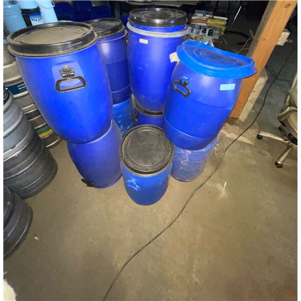 L2 - Lot of 9 Blue Plastic Open-Head Storage Drums / Barrel