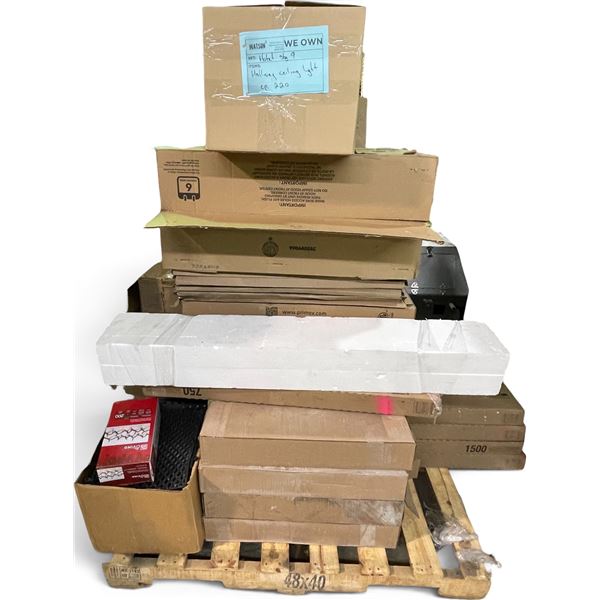 Pallet full of New items - includes Kitchen Range Hood/Standard Baseboard Heater Parts/ Flooring Mat