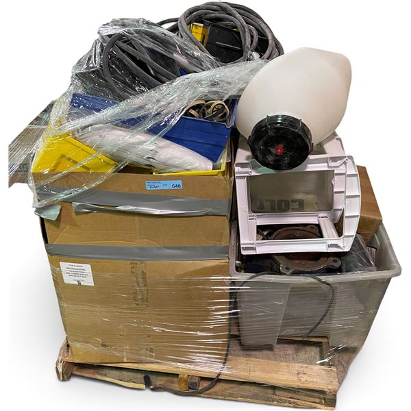 Pallet full of Industrial/Commercial Equipment - includes White plastic Tank/Coiled Hoses & Cables/M