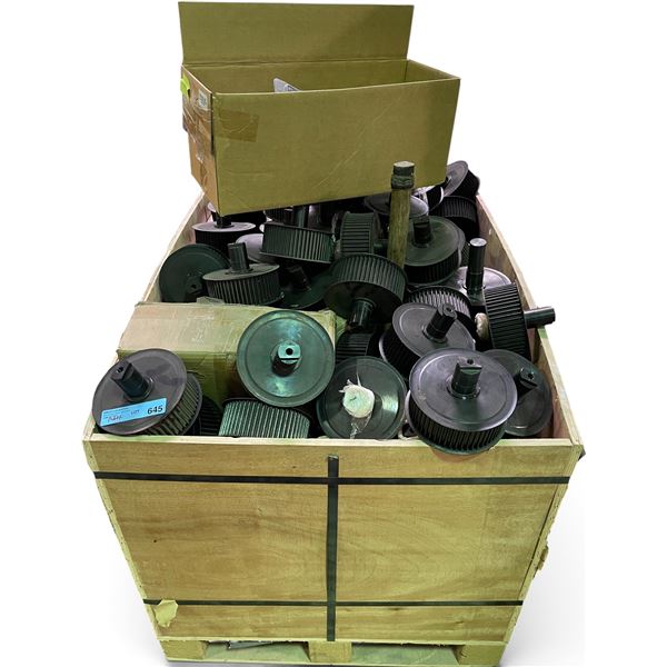 Pallet full of New Industrial Timing Belt Pulley Transmission & Machinery Components