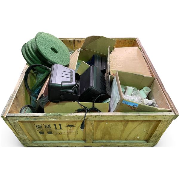 Crate full of Sanding Pads/ Various Components & Speakers - includes the wooden Crate