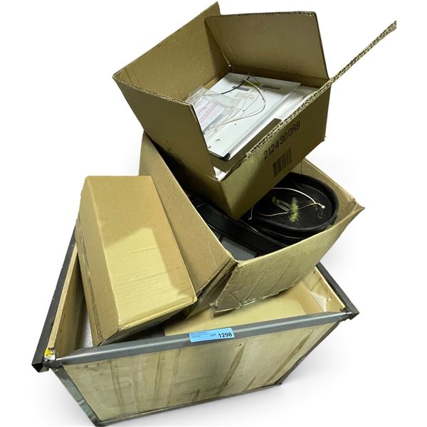Crate full of misc. Electronics & Cables - includes New wall Light & More