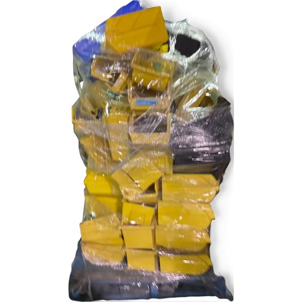 Pallet full of assorted Yellow & Blue Organizer Plastic Stackable Storage Bins - approx. 50pcs