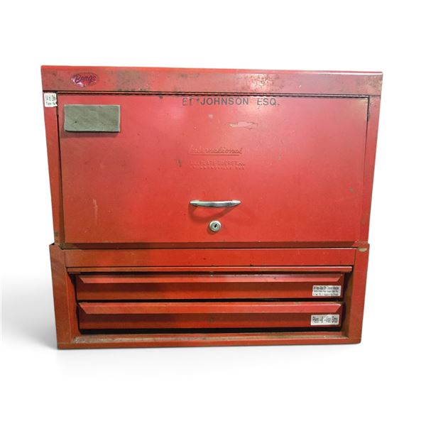 Vintage Red Metal 9-Drawer Top Chest Tool Box with Drop-Front Panel & Chevy Hubcaps