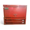 Image 1 : Vintage Red Metal 9-Drawer Top Chest Tool Box with Drop-Front Panel & Chevy Hubcaps