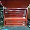 Image 2 : Vintage Red Metal 9-Drawer Top Chest Tool Box with Drop-Front Panel & Chevy Hubcaps