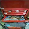 Image 3 : Vintage Red Metal 9-Drawer Top Chest Tool Box with Drop-Front Panel & Chevy Hubcaps