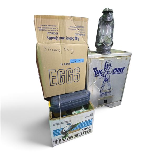 Lot of Luhr-Jensen Big Chief Smoker, Ryobi Miter Saw, Lantern, Staples & Assorted Supplies