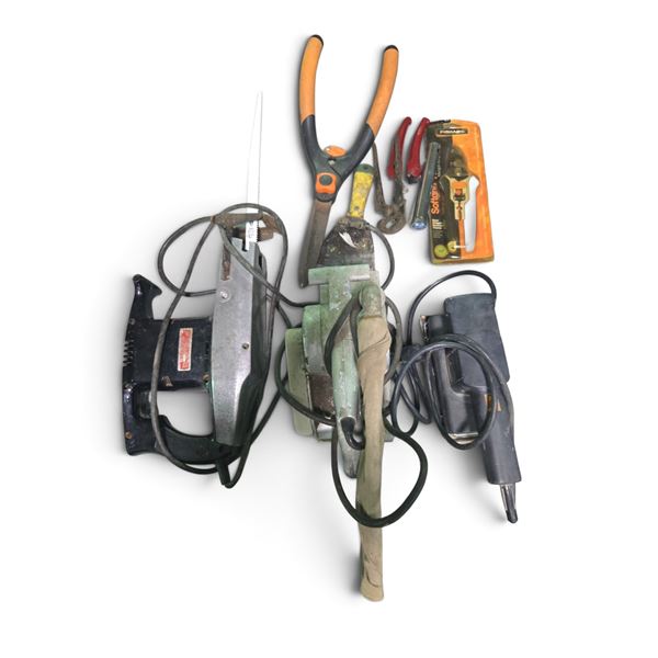 Lot of Vintage Skil Belt Sander, Reciprocating Saw, Fiskars Shears and Hand Tools