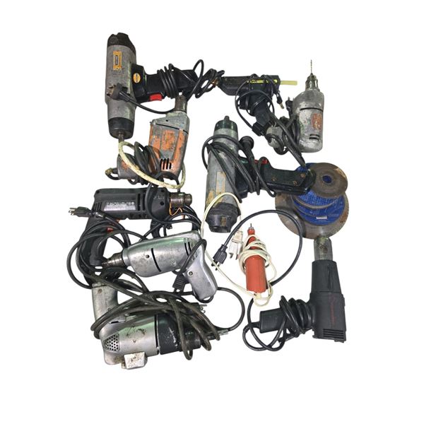 Group of Assorted Corded Power Drills, Heat Gun, Drill Bits & Sanding Discs