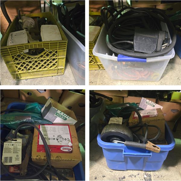 Group of Hand Tools, Heavy-Duty Power Cord, Booster Clamps & Workshop Supplies in Totes and Crate