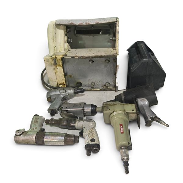 Group of Vintage Hobart Power Drive Unit, Pneumatic Air Tools, Battery Charger & Pet Carrier
